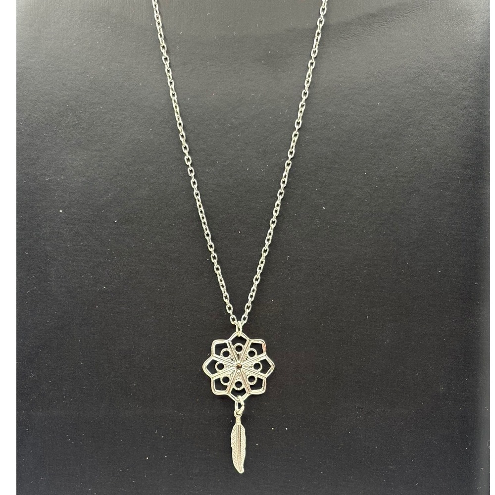 Silver Tone Geometric Mandala Feather Charm Necklace Turquoise Accent Boho 18in